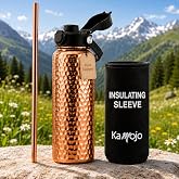 Kamojo Copper Water Bottle 32 oz, Push Button Lid, 100% Copper Cup, Straw &amp; Insulating Sleeve for Drinking Water, Handcrafted Ayurvedic Design