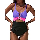 popvil One Piece Swimsuit for Women 2025 Sexy Neon Swim Suits Cut Out Tummy Control Bathing Suit Braid Color Block Swimwear