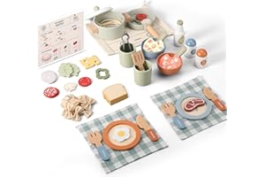 Pithfor Wooden Play Cooking Set, Pretend Play Kitchen Accessories Toys Set for Kids Toddlers, Including Play Dishes, Pot and Pan, Utensils, Gifts for 3 4 5 Years Old Girls Boys