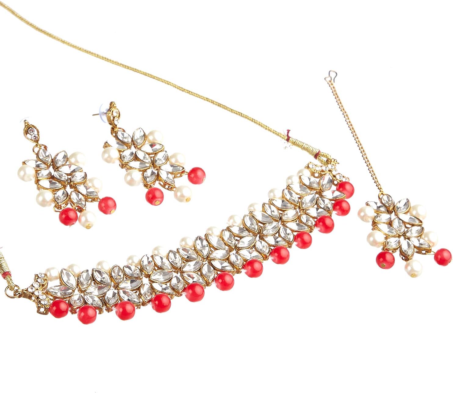 ZENEMEJewellery Set Flower Shaped Choker Bridal Necklace Set With Earrings Maang Tikka Jewellery For Women & Girls