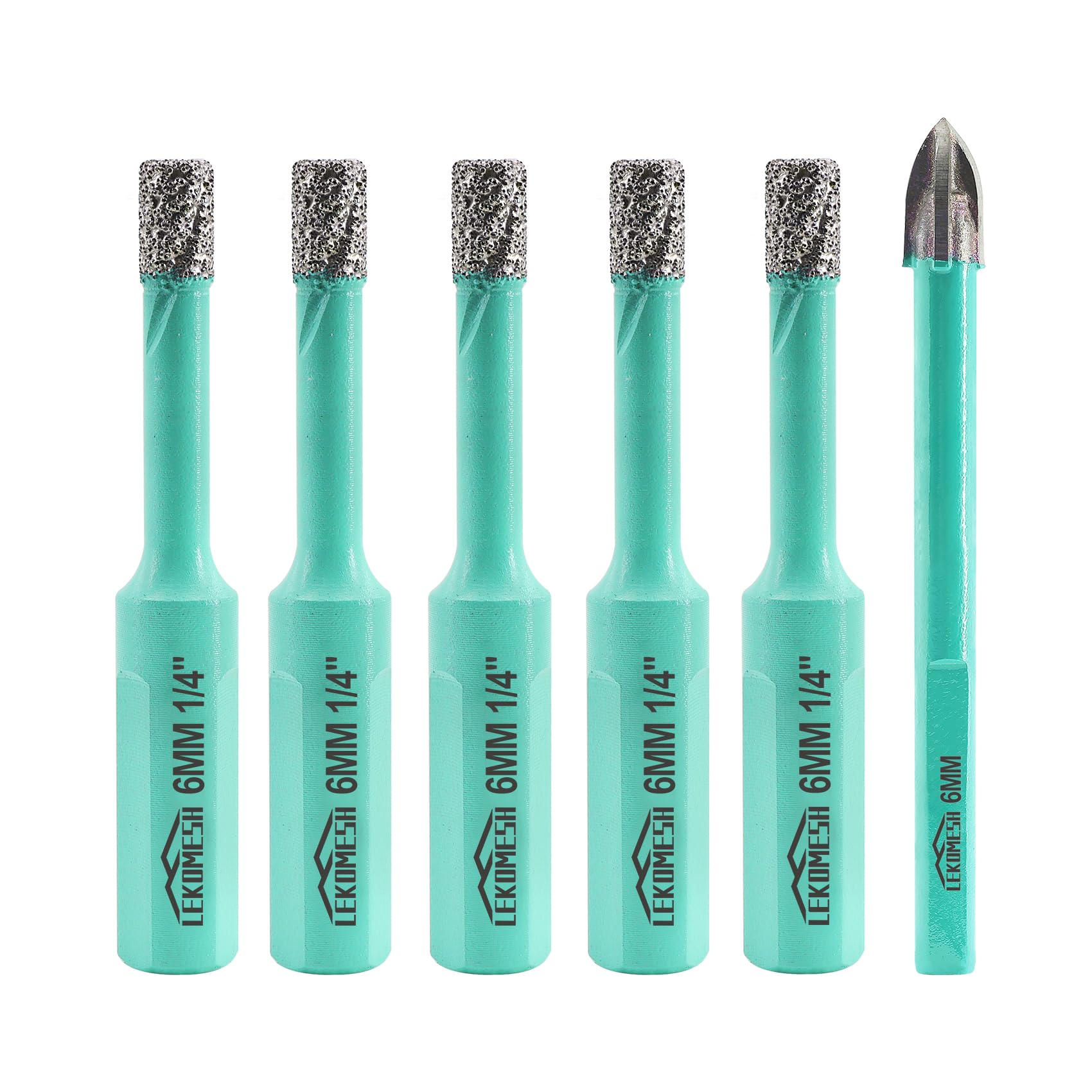 LEKOMESH Diamond Drill Bit Kit - 5pcs 6MM Diamond Hole Saw & 1pc 6MM Carbide Drill Bit with Triangle Shank for Porcelain Tile Drill Bits for Ceramic Marble Granite Stone Quartz