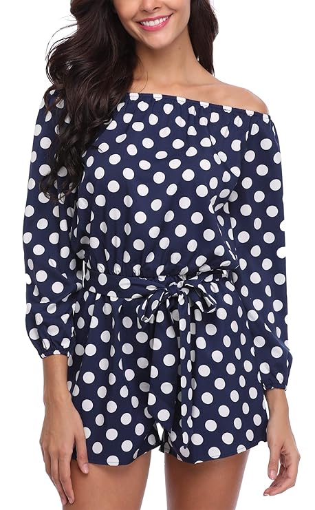 Miss Moly Damen Schulterfrei 3/4 Ärmel Jumpsuit Kurz Playsuit Overal Elegant mit Gürtel