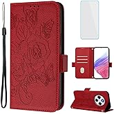 OUEAYIEN for Xiaomi Redmi 14C 4G/Poco C75 4G Phone Case Wallet with Screen Protecter RFID Blocking Flip Card Slot Women Cell Phone Cover Floral Blutterfly Case for Redmi 14C POCOC75 4G Red