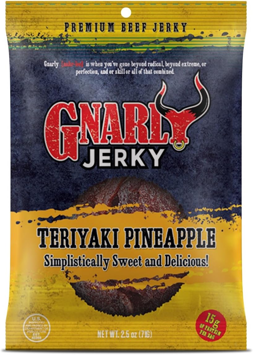 Gnarly Jerky Teriyaki Pineapple Flavor Premium Beef Jerky 2.5oz - 15g of Protein per Bag