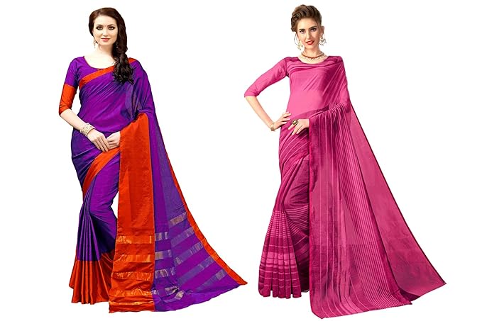 Womens Cotton Blend Saree With Blouse Piece (Pack of 2) (jari137-cotton101pink_Multicolored)