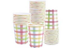 PUEVENYI 50Pcs Easter Gingham Paper Cups - 9oz Drinking Paper Cups for Easter Party