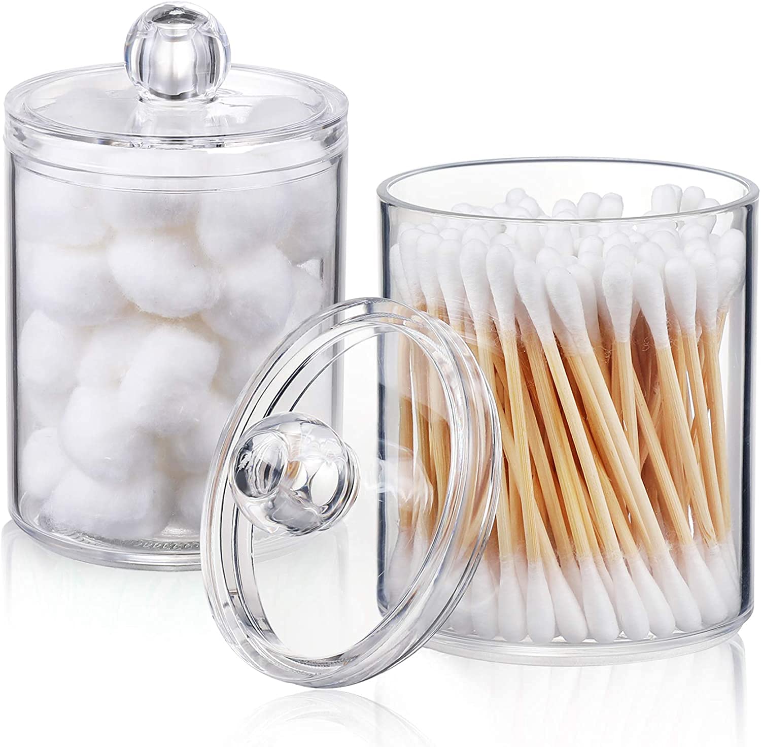 AOZITA 2 Pack Qtip Holder Dispenser for Cotton Ball, Swab, Round Pads, Floss - 10 oz Clear Plastic Apothecary Jar Set Bathroom Canister Storage Organization, Vanity Makeup Organizer, Z71-MQ2-UK
