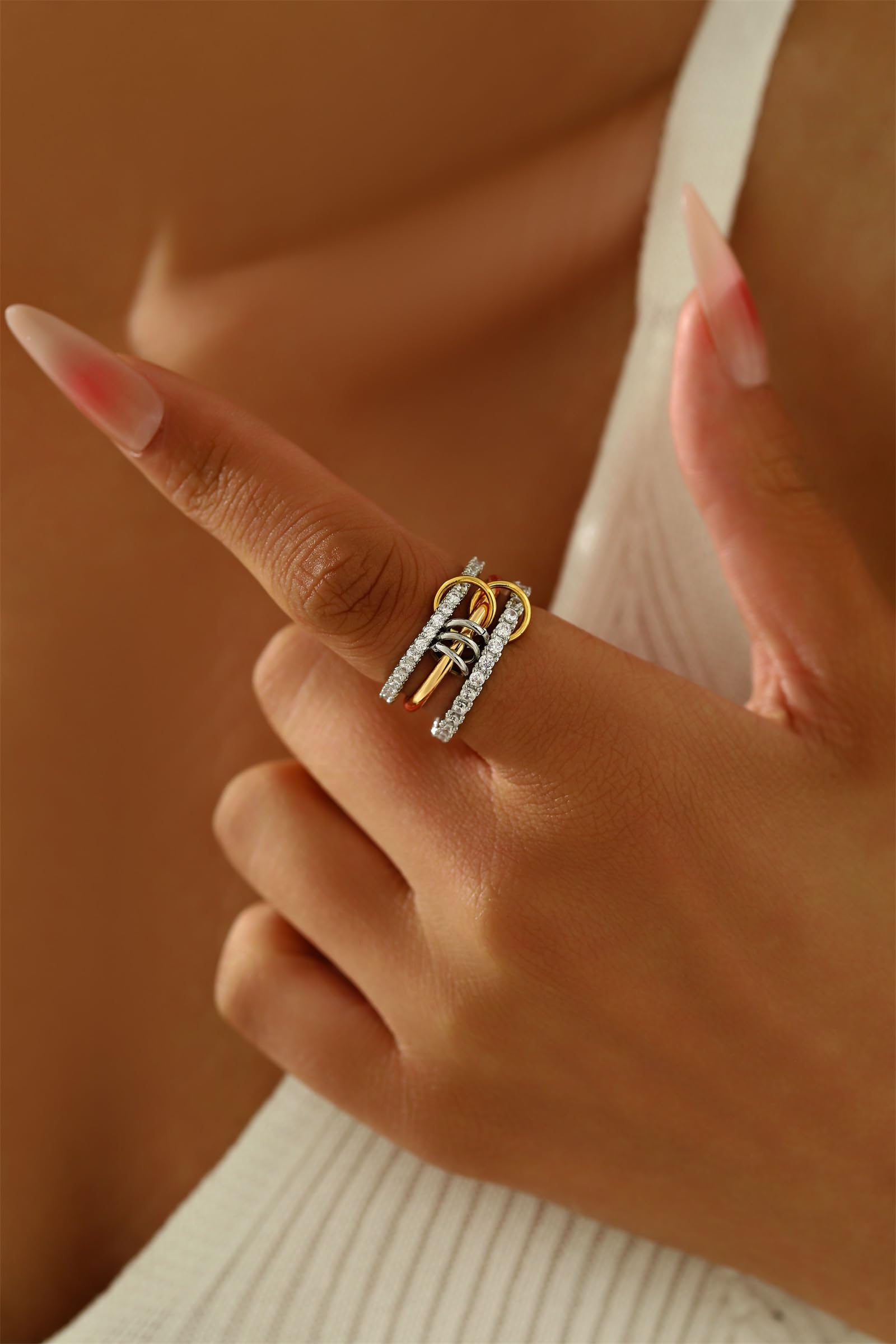 WanBigVa Gold Stackable Rings for Women Non Tarnish,Trendy Chunky Silver Gold Multi-Link Connected Stack Rings with Cubic Zirconia 14K Gold Plated Statement Rings Stackable Rings Set for Women