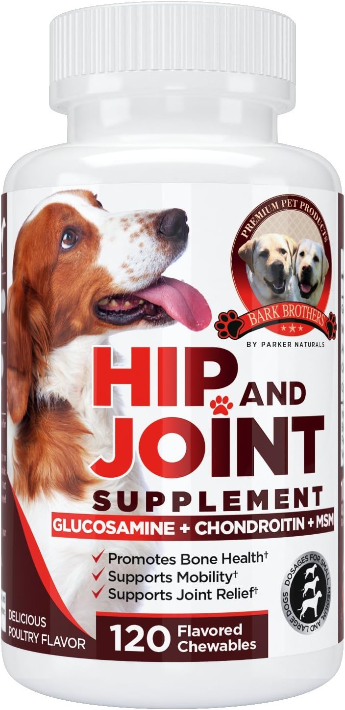 Bark Brothers Hip and Joint Supplement Glucosamine for Dogs, Eases Joint Inflammation, Supports Better Movement, Can Reduce Joint Pain. Anti-inflammatory. 120 Delicious Poultry Chewables