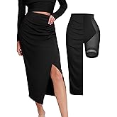 Popilush Midi Skirt with Built in Shapewear Split High Waisted Bodycon A Line Skirts for Women Slit Slim Long Skirt