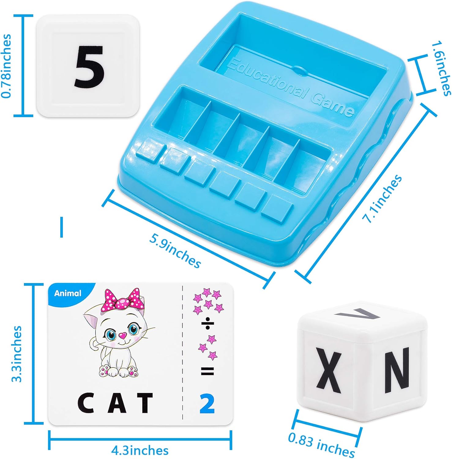 Conzy Educational Toys for Kids 5-7 Preschool, Matching Letter Number Words Spelling Math Learning Toy with 32 Flash Cards, Holiday Birthday Toy for 3 4 5 6 7 8 Year Old Girl Boy Gift (Turquoise Blue)