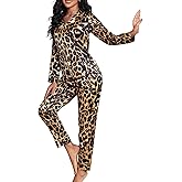 WDIRARA Women's 2 Piece Leopard Print Satin Pajama Set Long Sleeve Button Down Lounge Pants Sleepwear Sets