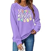 hohololo Women Happy Easter Sweatshirt Bunny Rabbit Graphic Shirt Cute Letter Printed Long Sleeve Pullover