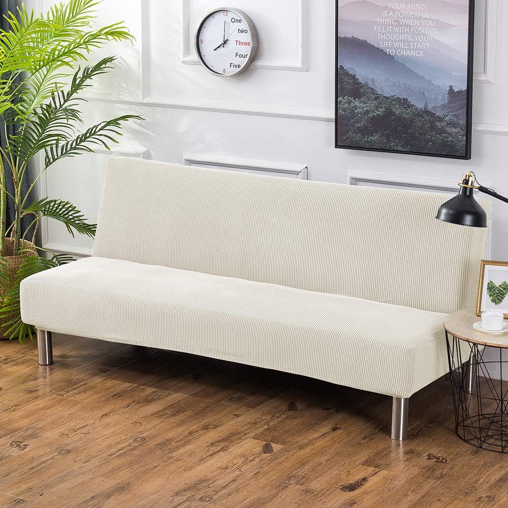 RMCKJ Armless Sofa Slipcover Solid Colour 3 Seater Sofa Bed Covers Modern Stretch Polyester Spandex Slipcover Protector Folding Couch Sofa,White-L