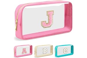 UIXIZQ Personalized Initial Letter Clear Makeup Bag,Preppy Small Nylon&PVC Cosmetic Zipper Bag with Chenille Letter,Travel Skincare Toiletry Bag,Monogram Pencil Case Pouch Gift for Teen Girls Women,J