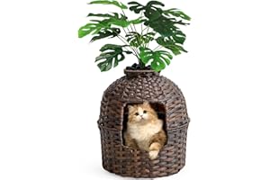 SETVSON Cat Litter Box Plant Furniture Enclosure, Hidden Handwoven Rattan with Cat Litter Box and Artificial Plants, Odor Control Filter, Real Stones in Living Room, Bedroom, Corner (Brown)