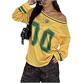 BEAUDRM Women's Y2k Mesh Jersey Shirts Sheer Graphic Tees Oversized Off The Shoulder Long Sleeve Tops Streetwear