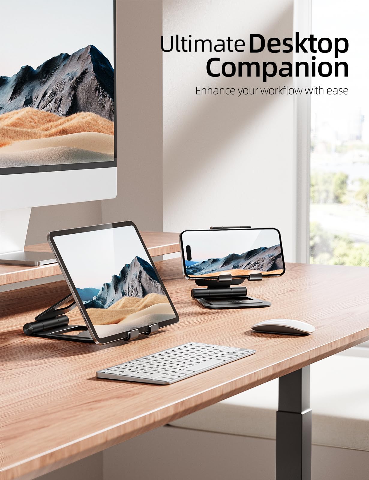 Nulaxy Aluminum Dual Foldable iPad Stand, Fully Adjustable Desktop Tablet Holder, Tablet Accessories for Office Kindle Compatible with Mobile Devices iPad Pro/Air/Mini, iPhone Pro/Max/Plus, Black
