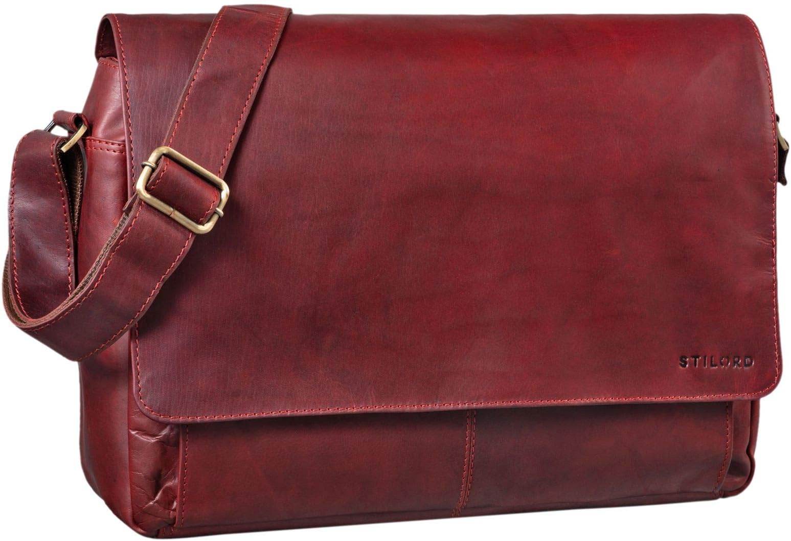 Lonzo' Vintage Messenger Bag Leather Men Women 15'6 inch Laptop Cross Body Satchel University Office School Work Genuine Buff Leather, Colour:Rosso