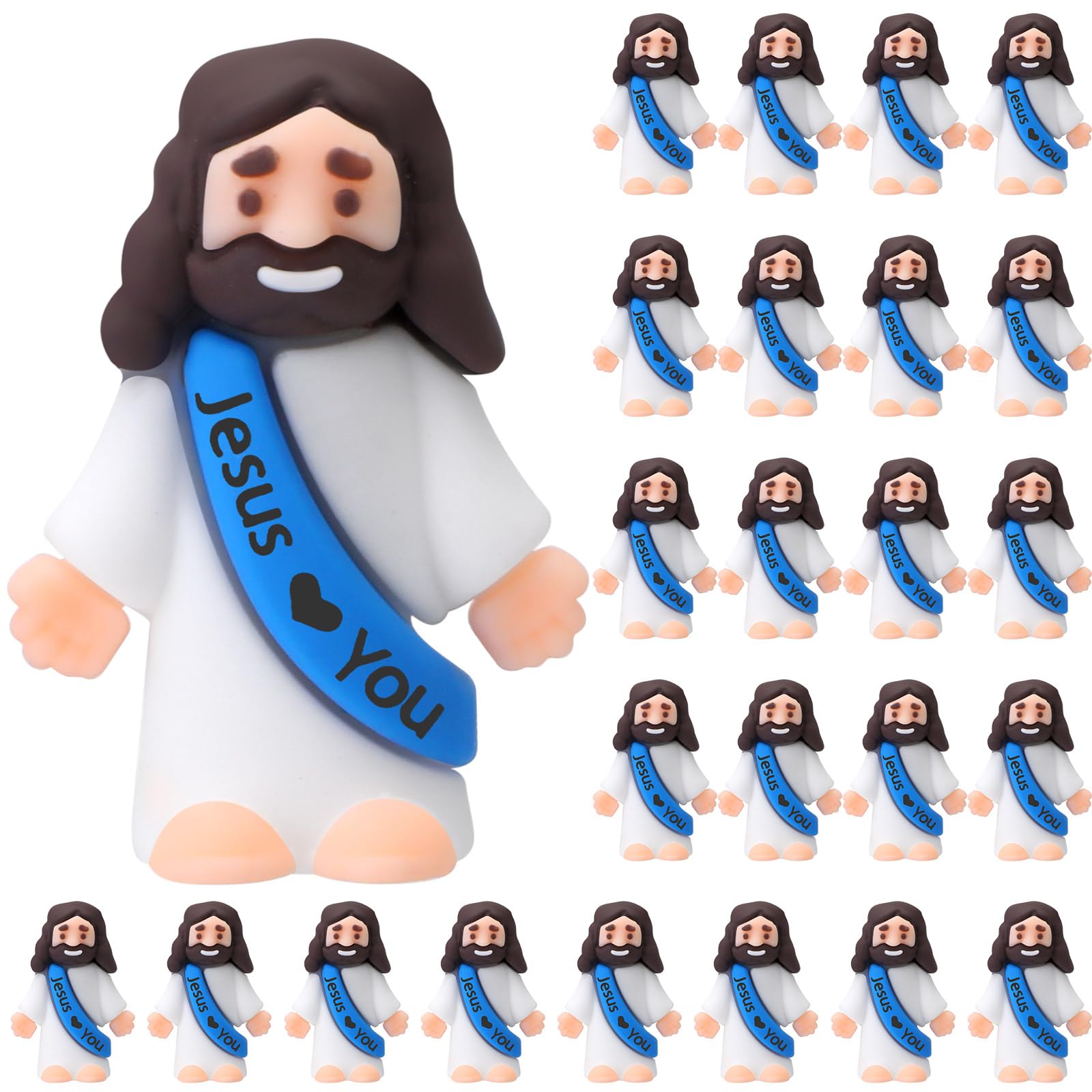 Photo 1 of Bememo 25 Pcs Little Jesus Figures Original Design Jesus Love You Mini Rubber Toys to Hide and Seek Christmas Religious Party Favors Sunday School Baptism Gifts(Blue)