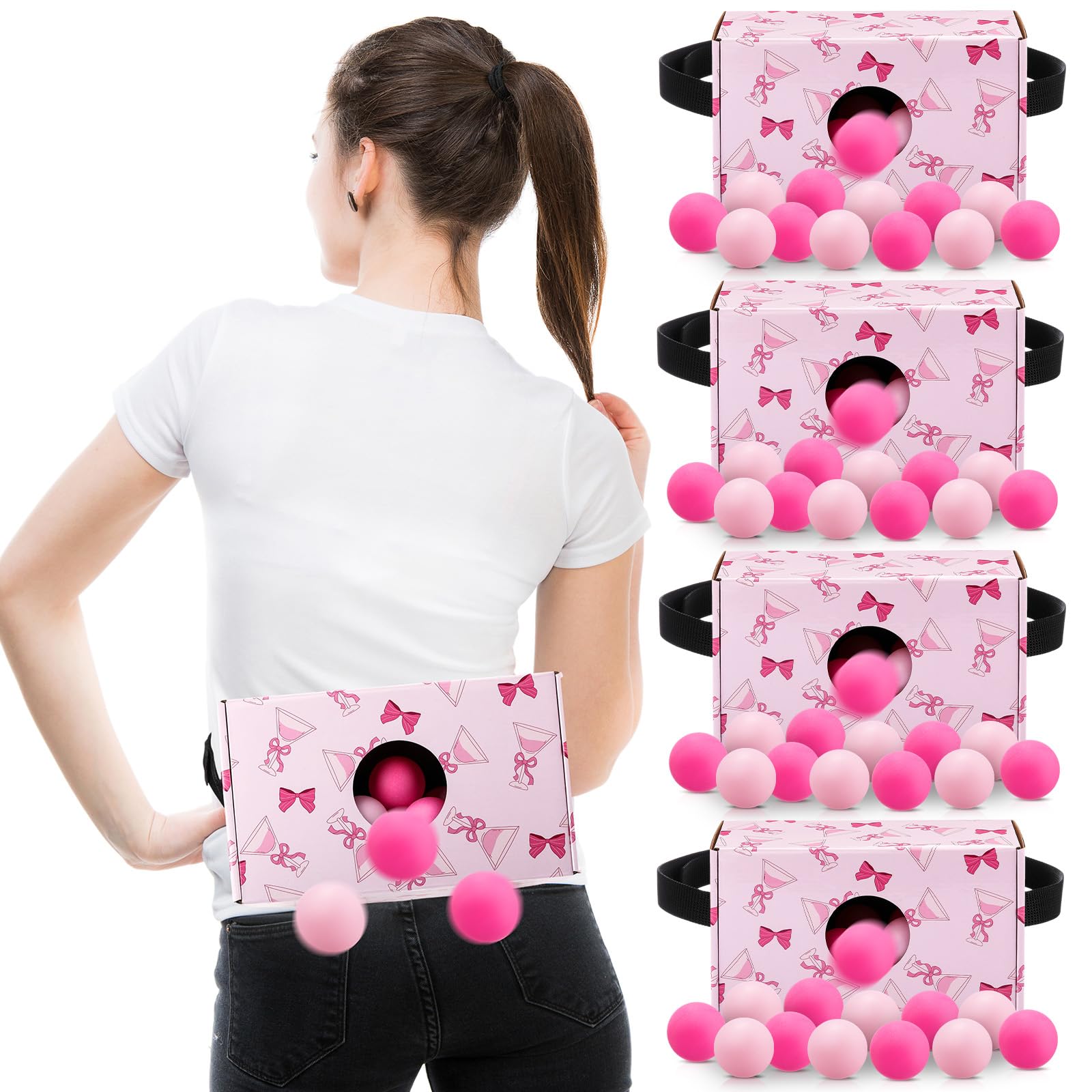 Photo 1 of Yaomiao 4 Pack Bachelorette Party Shaking Swing Balls Game Set Includes 4 Set Strap Shake Box and 80 Balls for Birthday Bachelorette Bridal Shower Table Tennis Game(Pink Bow,Pink)