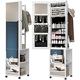 Hzuaneri 8 LEDs Jewelry Cabinet Armoire, 66.9-inch Jewelry Organizer with Garment Rack, Lockable Full-length Mirror with 4 Wheels, Storage Shelves with Hooks, 5-in-1, White and Beige JC17003B
