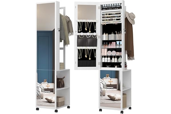 Hzuaneri 8 LEDs Jewelry Cabinet Armoire, 64.8"H Standing Jewelry Organizer with Garment Rack, Lockable Full-length Mirror wit