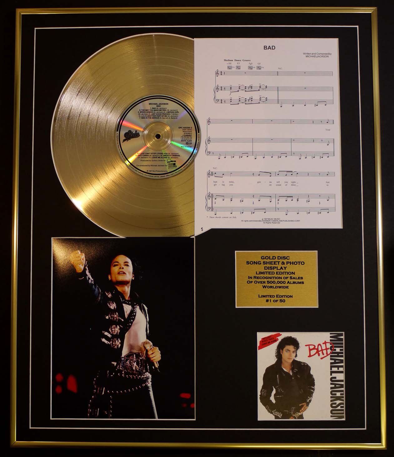 MICHAEL JACKSON/CD GOLD DISC, SONG SHEET & PHOTO DISPLAY/LTD. EDITION/COA/ALBUM, BAD/SONG SHEET, BAD