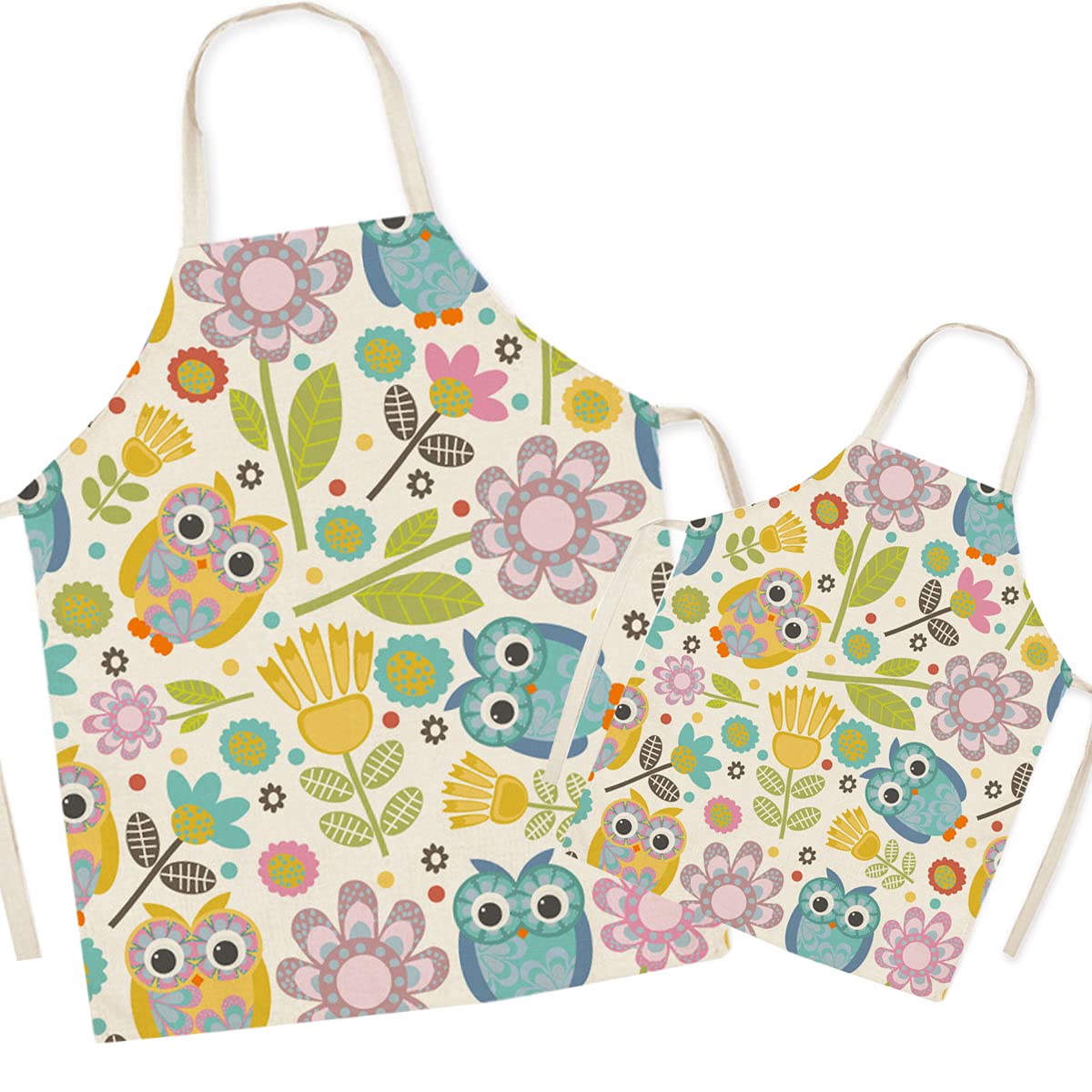 FOMAISELF Linen Parent and Child Cooking Apron - Cute Owl Pattern Mum and Kids Apron, Mummy Son Daughter Aprons for Cooking Baking Painting Party