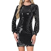 Allegra K Sequin Dress for Women Party Cocktail Lantern Long Sleeve Sparkly Glitter Disco Outfits Bodycon Mini Dresses