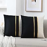 WACOMECO Velvet Throw Pillow Covers - Pack of 2 Soft Decorative Cushion Covers Cases with Gold Leather for Sofa Bedroom Livingroom Car, 18 x 18 in, Black and White