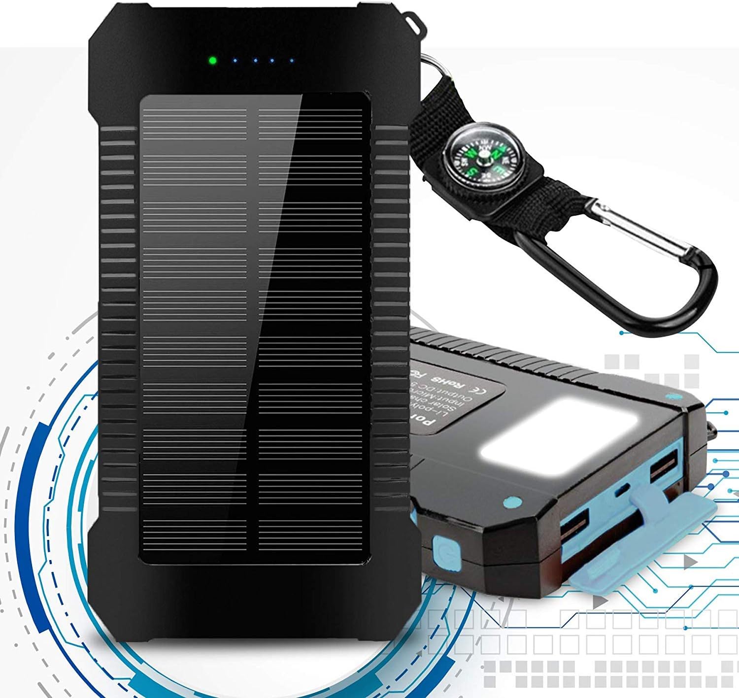 Hidver Solar Phone Charger 20000mAh Portable Power Bank Waterproof Battery Packs with Dual Ports, Compass, Flashlight for Camping Solar Panel for Smartphones,GoPro Camera,GPS and Other Devices