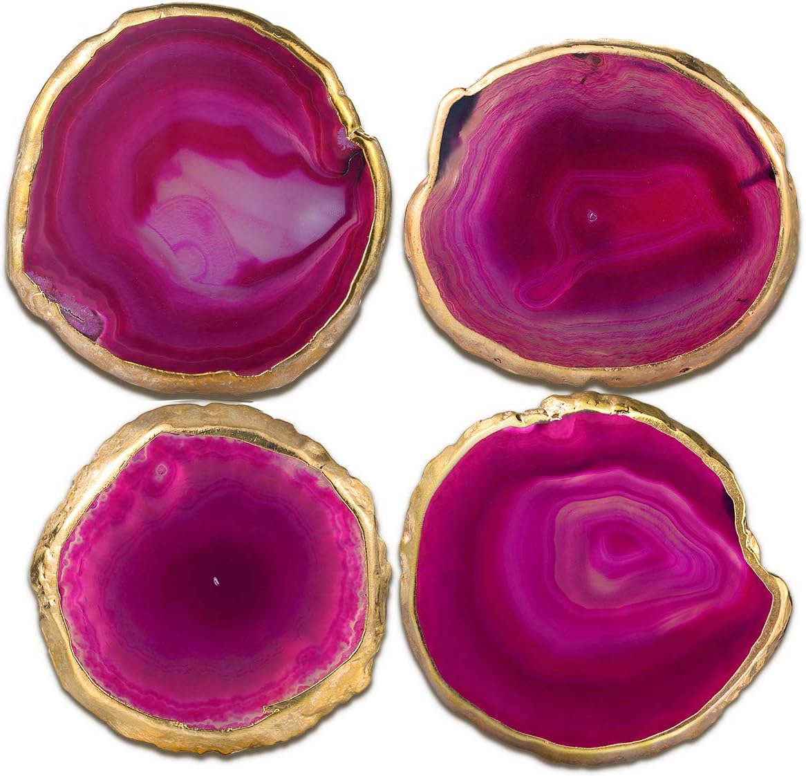 Natural Sliced Agate Coaster with Rubber Bumper Set of 4 (Pink(golden edge), 3.5-4")