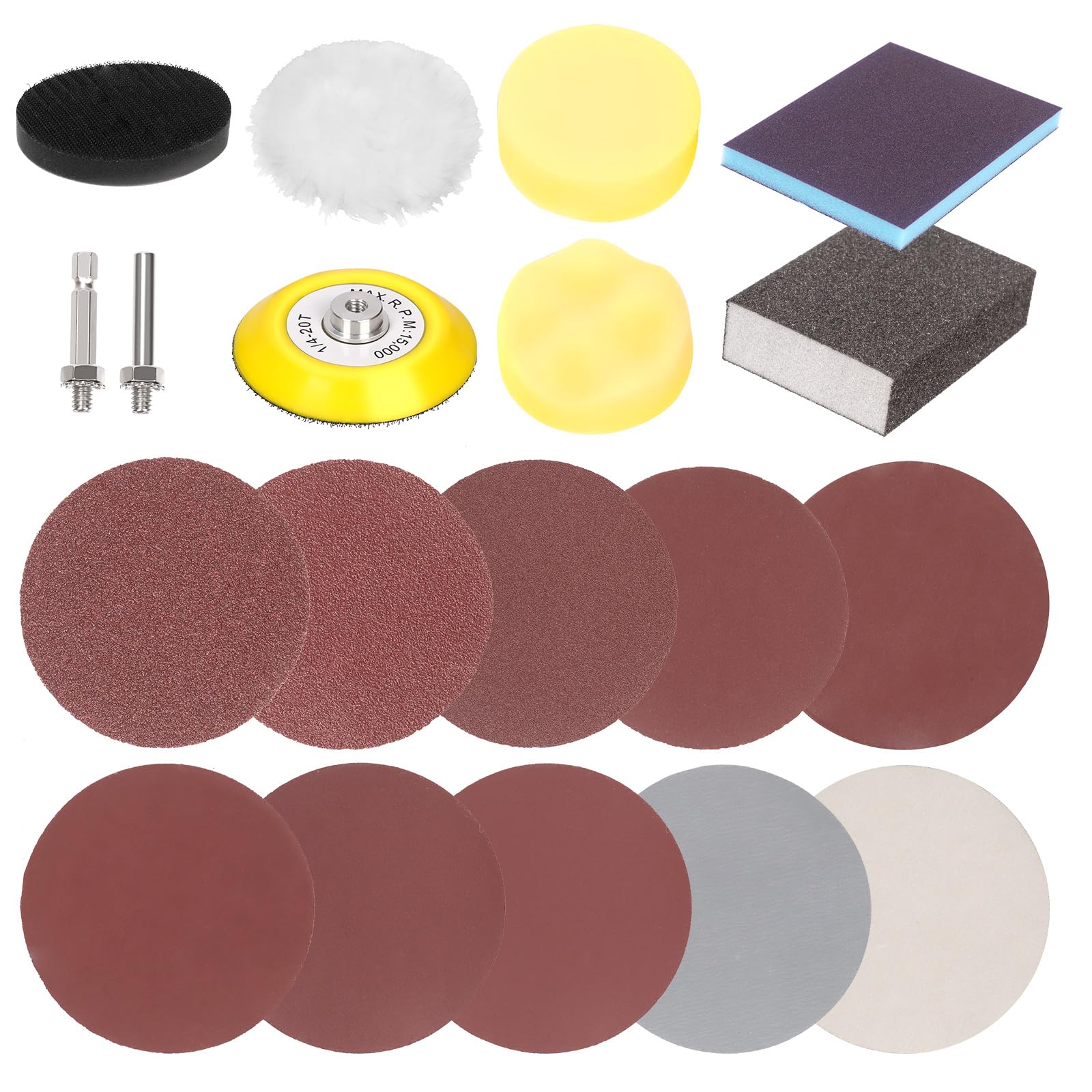 Glarks 109Pcs 3Inch Sanding Discs 80-5000 Grit Wet Dry Sandpaper with 1/4" Shank Backing Plate, and Soft Foam Buffering Pad Woolen Sponge Buffing Polishing Pads Assortment Kit for Drill Grinder