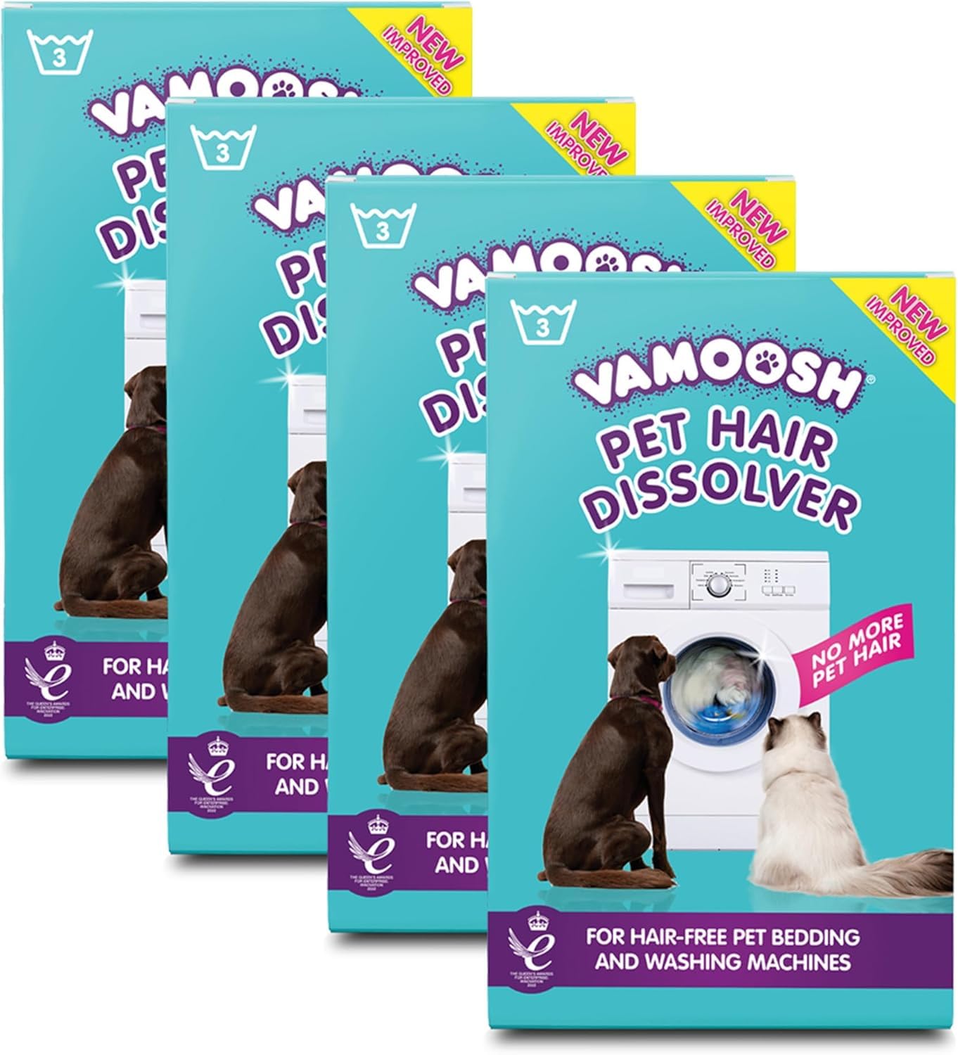 Vamoosh Pet Hair Dissolver- Pet Hair Remover for Washing Machines, 12x100g (4 Boxes), Removes Odour Dissolves Dog, Cat, Animal Fur, Cleans Pet Bedding in Washing Machine, Easy to Use, Up to 12 Washes