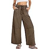Athlisan Womens Casual Wide Leg Sweatpants High Waist Acid Wash Palazzo Pants with Pockets