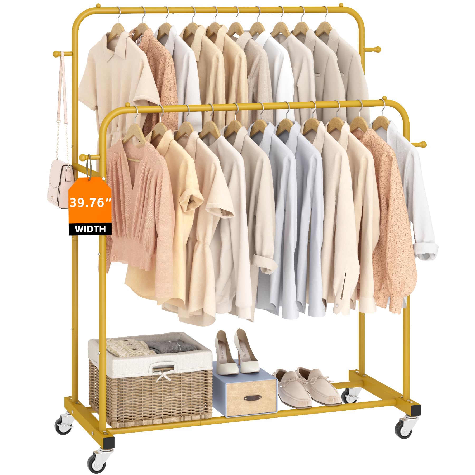 Laiensia Double Rods Garment Rack with Wheels, Clothing Rack for Hanging Clothes,4 Hooks, Multi-functional Bedroom Clothes Rack, Gold