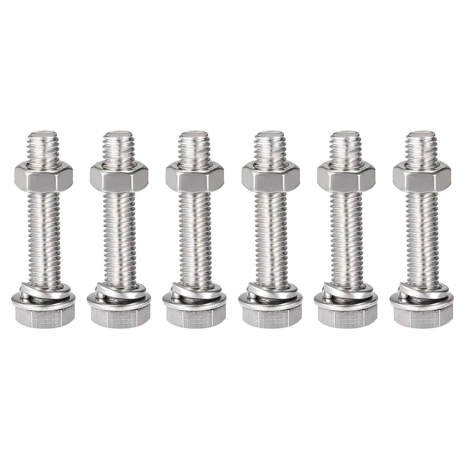 TOP-VIGOR 6Pcs M8 x 40mm Hex Head Screws Bolts, Nuts, Flat & Lock Washers Kits, 304 Stainless Steel Fully Thread Hexagon Bolts for DIY Bike Motorcycles Repair