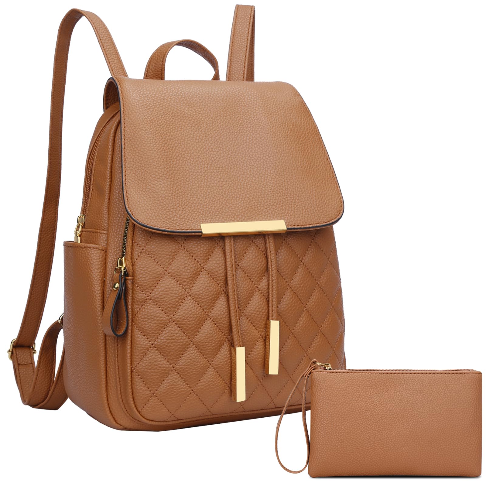 Photo 1 of (NEW) Quilted Trendy Leather Backpack Purse for Women and Ladies Shoulder Travel Daypacks Bags with Wristlets (Y-Brown)