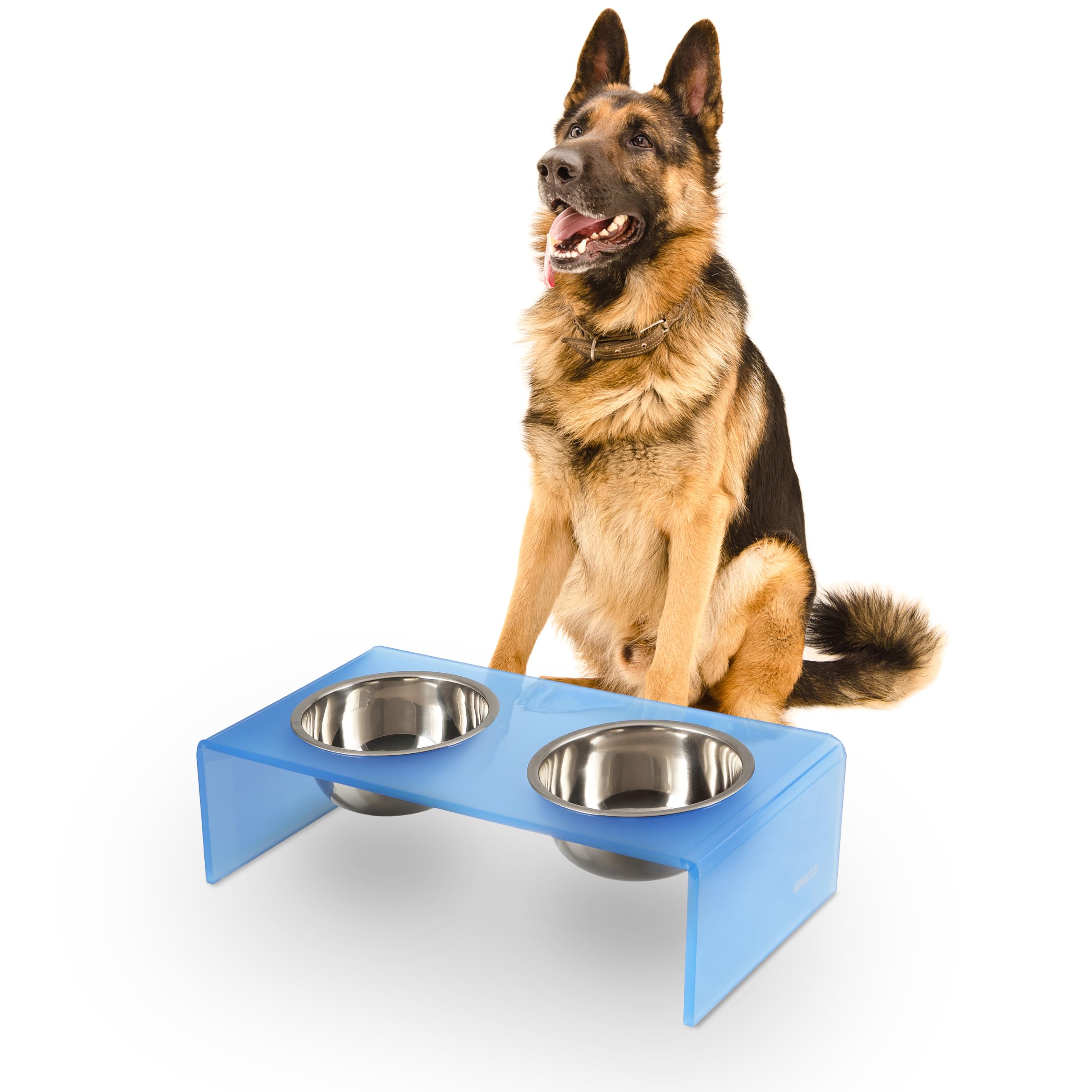 The LICKER Store DBL2001C Keaton 7.5″ Medium/Large Modern Acrylic Rectangular Elevated Pet Feeder with 54oz 2-Stainless Steel Bowls, Blue/Chrome