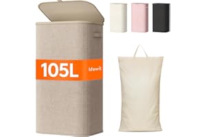 Lifewit 105L Laundry Basket with Lid, Large Laundry Hamper with Plastic Handles and Removable Bag, Foldable Tall Dirty Clothes Hampers for Laundry for Laundry Room, Bedroom, Bathroom, Dorm, Beige