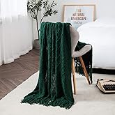 TREELY Dark Green Throw Blanket with Fringe Tassels Knitted Throw Blanket Textured Solid Decorative Knit Blanket for Bed Couch, 50" x 67.7", Dark Green