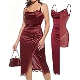 Popilush Shapewear Corset Dress Women's Satin Ruched Midi Dress Cocktail Date Night Classy Dresses with Lace Trim Bra