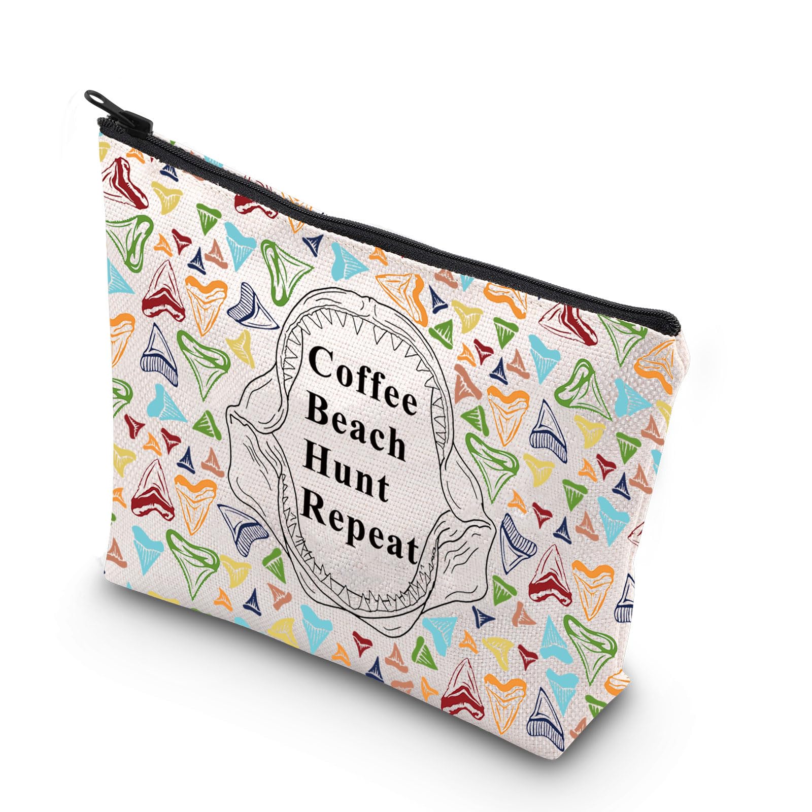 Shark Teeth Collecting Makeup Bag Shark Tooth Lover Gift Shark Teeth Hunting Gifts Shark Lover Zipper Pouch (Coffee Beach UK)