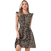 Allegra K Leopard Ruffled Sleeve Dress for Women's Round Neck Flowy Belted A-Line Dress