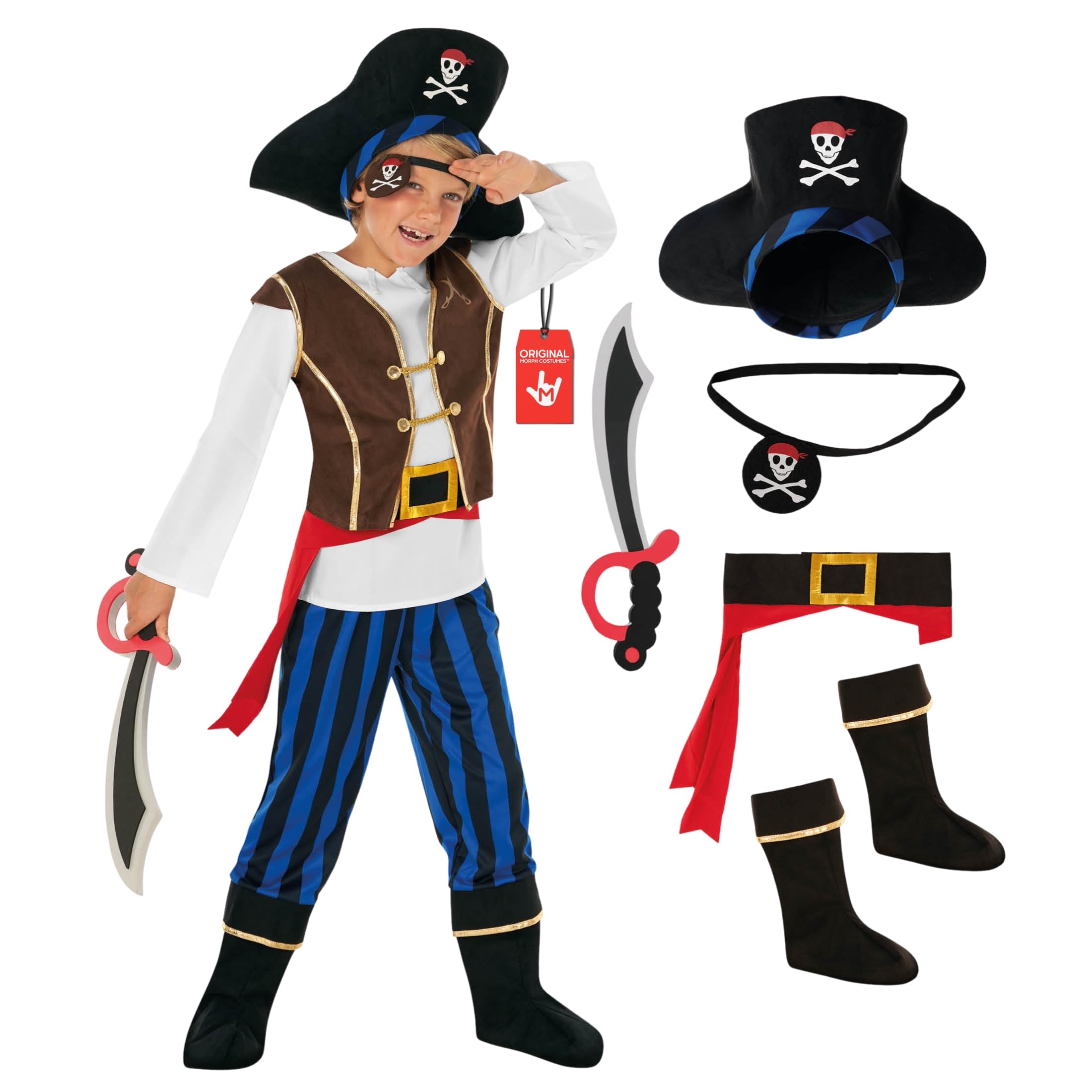 Morph Blue Pirate Costume Kids, Pirate Fancy Dress Kids, Boys Pirates Costumes, Boys Halloween Costume, 4-6 Years — image 1