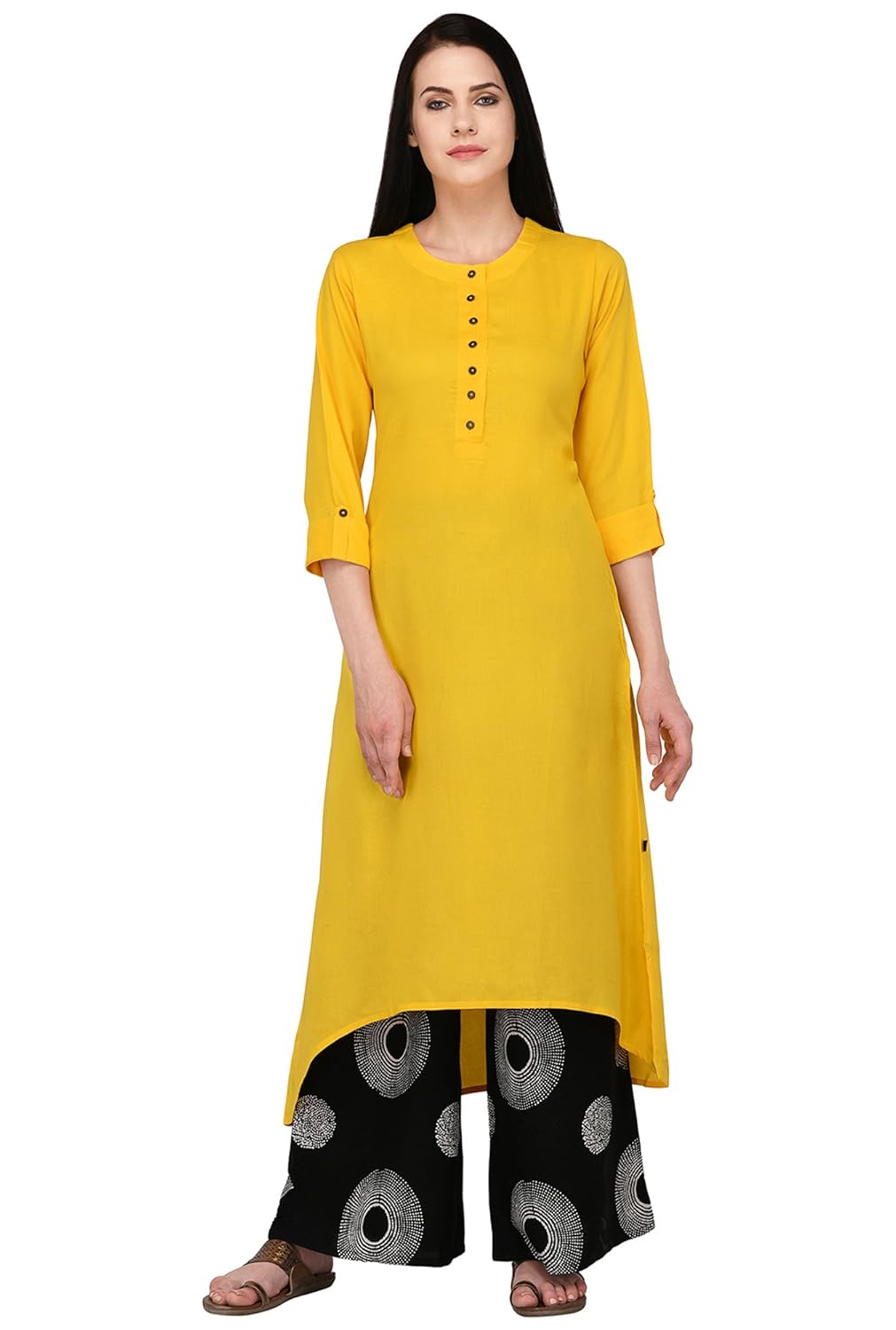pistaa's women's viscose yellow high low kurta with printed palazzo set