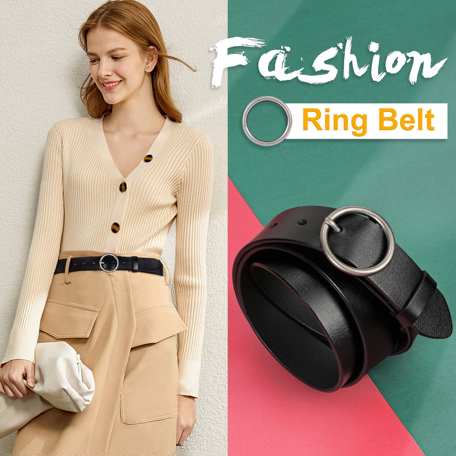 WERFORU Women Casual Dress Belt Fashion Leather Belt with O Ring Buckle for Jeans Pants at  Women’s Clothing store