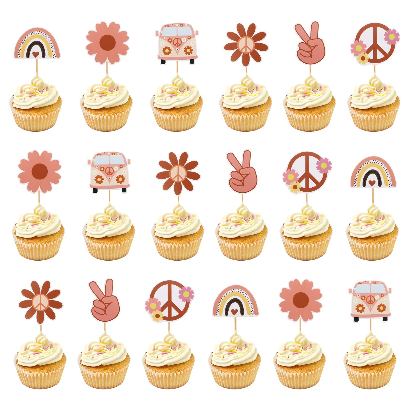 48pcs Hippie Party Cupcake Toppers, Groovy Cake Toppers Hippie Party Decorations Cupcake Toppers Fashion Cake Picks for 60s 70s Theme Party Boho Rainbow Party Supplies