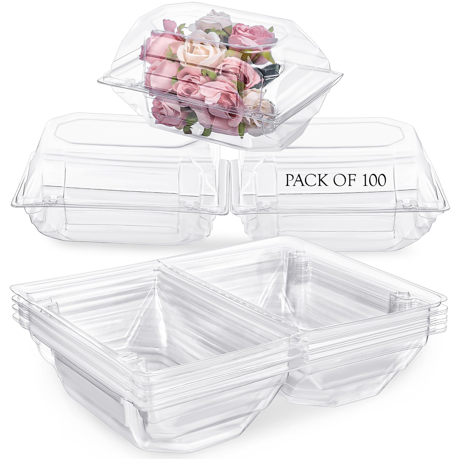 Photo 1 of Funnymoom 100 Pack Clear Plastic Flower Corsage Boxes 9 x 5 x 4 Inches Plastic Boutonniere Storage Box Clear Food Clamshell Containers for Dessert Snacks Cakes Wedding Gift Craft